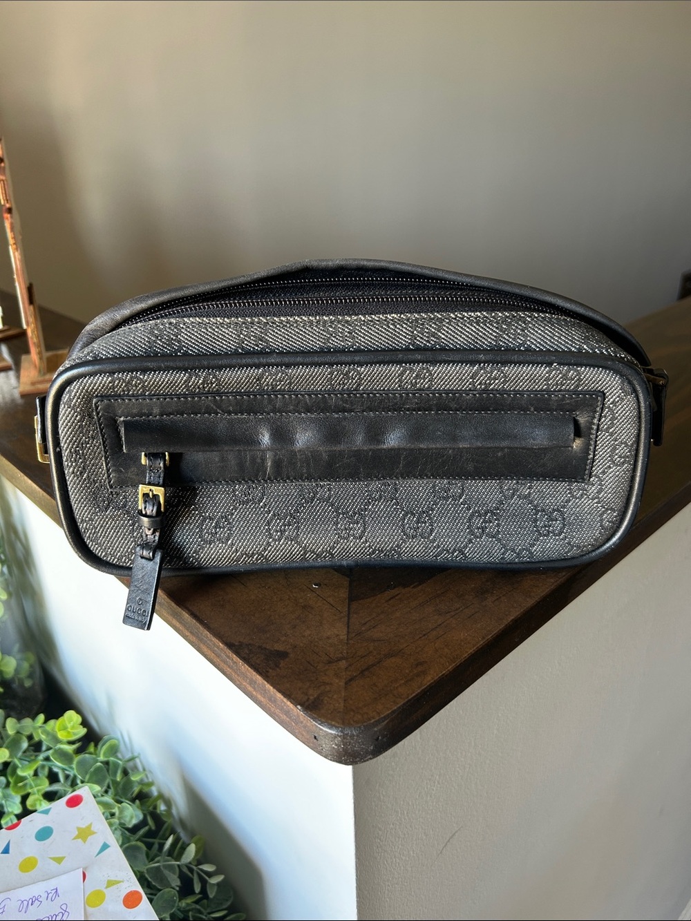 Gucci Black/Gray Monogram Belt Bag with Leather Trim w/coa